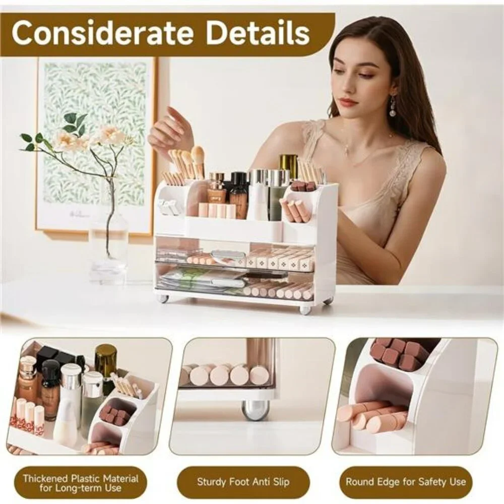 Makeup organizer with drawers vanity cosmetic storage case bathroom countertop